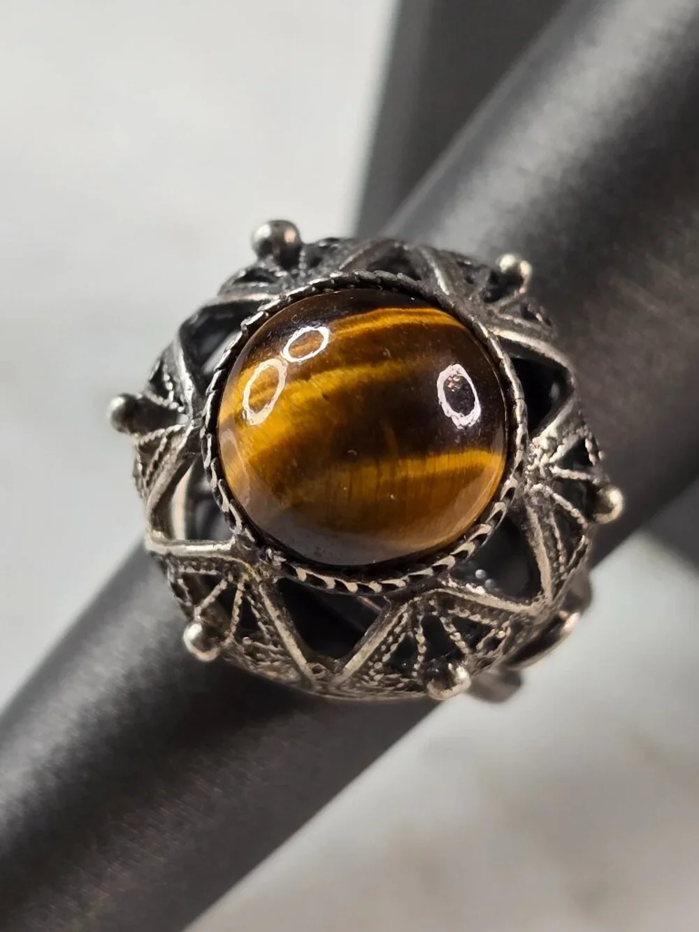 Womens Vintage Estate Sterling Silver Tigers Eye Cocktail Ring 7.1g E4110